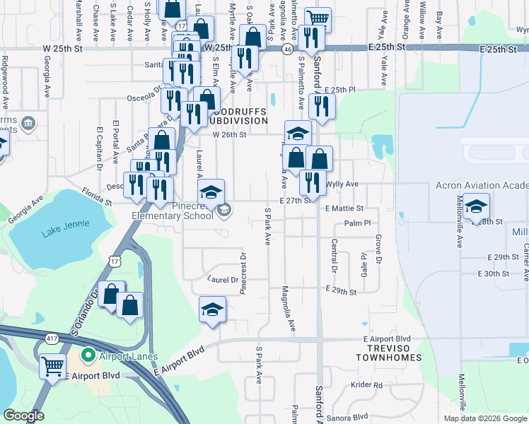 map of restaurants, bars, coffee shops, grocery stores, and more near 2706 South Park Avenue in Sanford