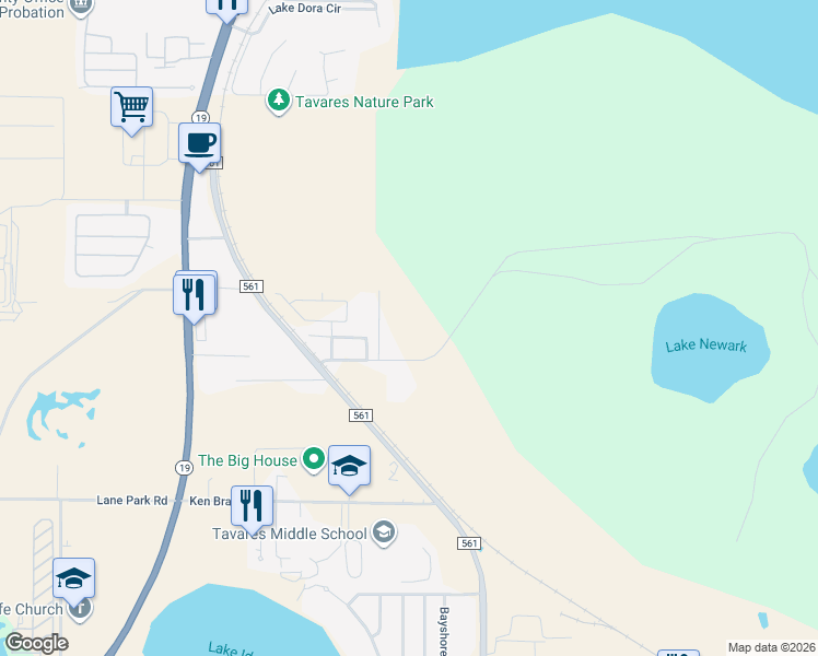map of restaurants, bars, coffee shops, grocery stores, and more near 1200 South Dora Boulevard in Tavares