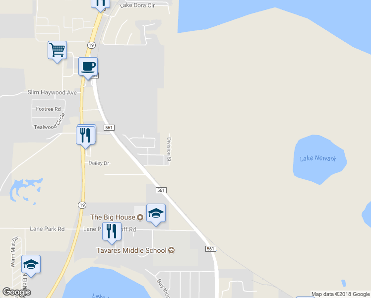 map of restaurants, bars, coffee shops, grocery stores, and more near 1200 South Dora Boulevard in Tavares