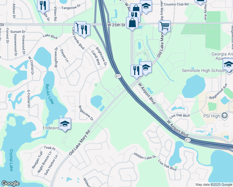 map of restaurants, bars, coffee shops, grocery stores, and more near 4031 Kirkland Way in Lake Mary