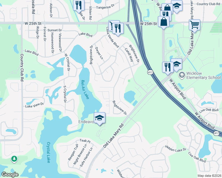 map of restaurants, bars, coffee shops, grocery stores, and more near 821 Brightview Drive in Lake Mary
