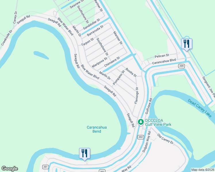 map of restaurants, bars, coffee shops, grocery stores, and more near 126 Seagull Road in Bay City