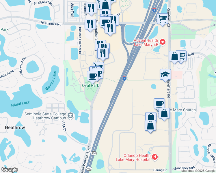 map of restaurants, bars, coffee shops, grocery stores, and more near 901 International Parkway in Lake Mary