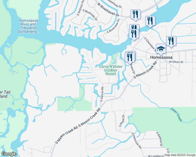 map of restaurants, bars, coffee shops, grocery stores, and more near 5708 South Garcia Road in Homosassa