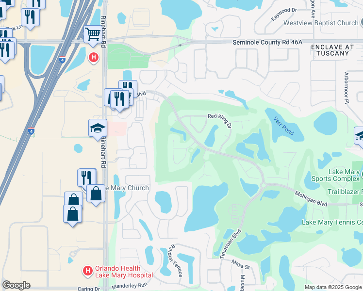 map of restaurants, bars, coffee shops, grocery stores, and more near 482 Arrowmount Place in Lake Mary