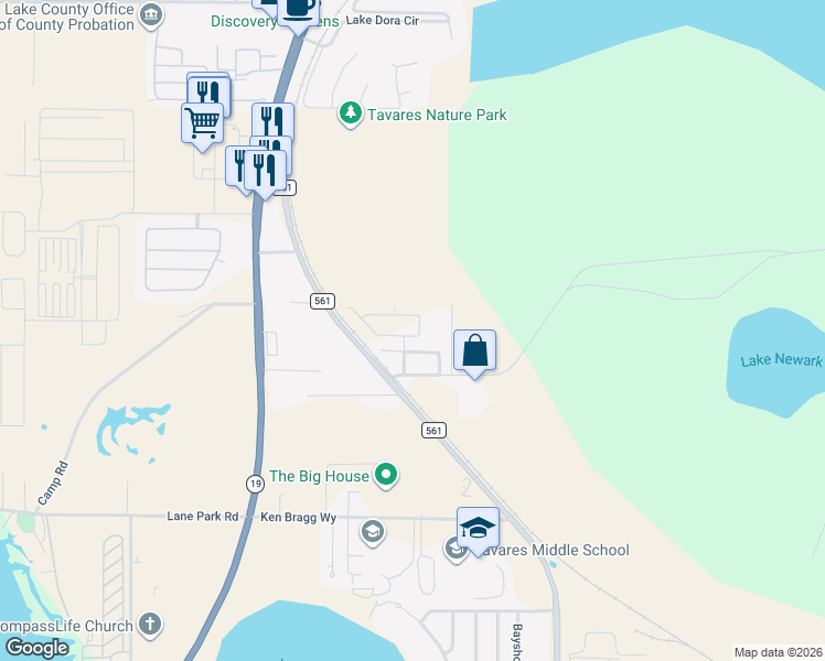 map of restaurants, bars, coffee shops, grocery stores, and more near 29645 Division Street in Tavares