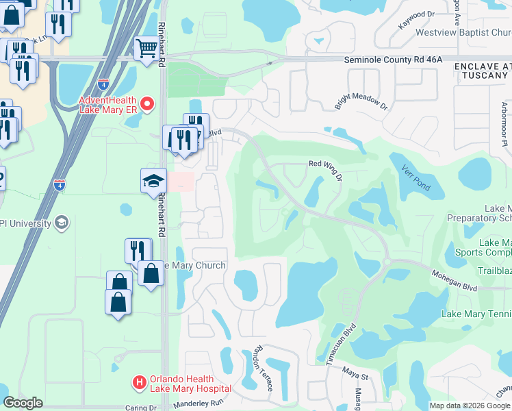 map of restaurants, bars, coffee shops, grocery stores, and more near 750 Powderhorn Circle in Lake Mary