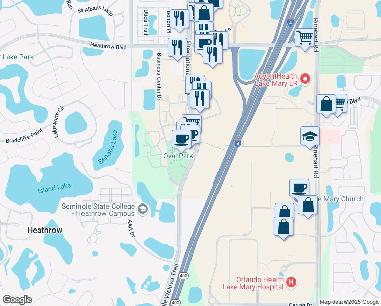 map of restaurants, bars, coffee shops, grocery stores, and more near 910 International Parkway in Lake Mary