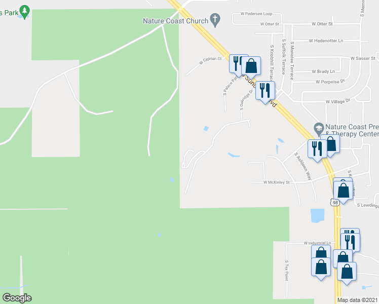 map of restaurants, bars, coffee shops, grocery stores, and more near 5800 South Oakridge Drive in Homosassa