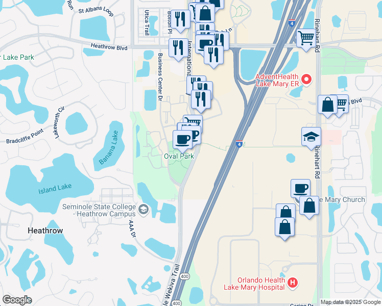 map of restaurants, bars, coffee shops, grocery stores, and more near 910 International Parkway in Lake Mary
