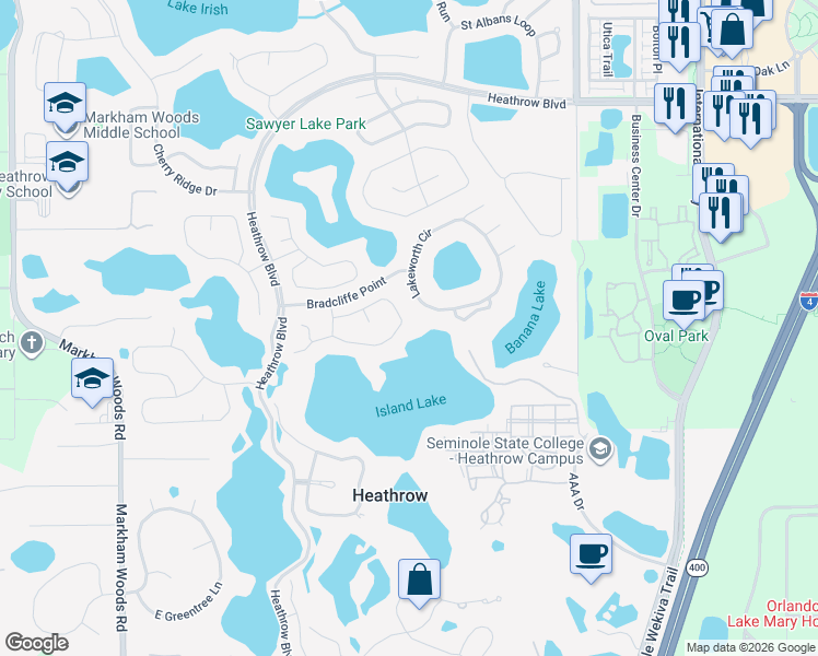 map of restaurants, bars, coffee shops, grocery stores, and more near 588 Lakeworth Circle in Lake Mary