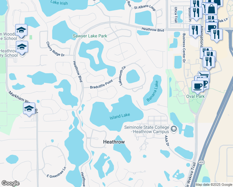 map of restaurants, bars, coffee shops, grocery stores, and more near 1260 Tadsworth Terrace in Heathrow