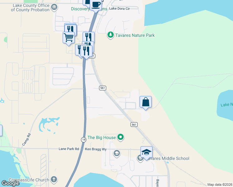 map of restaurants, bars, coffee shops, grocery stores, and more near 1520 Jack Street in Tavares
