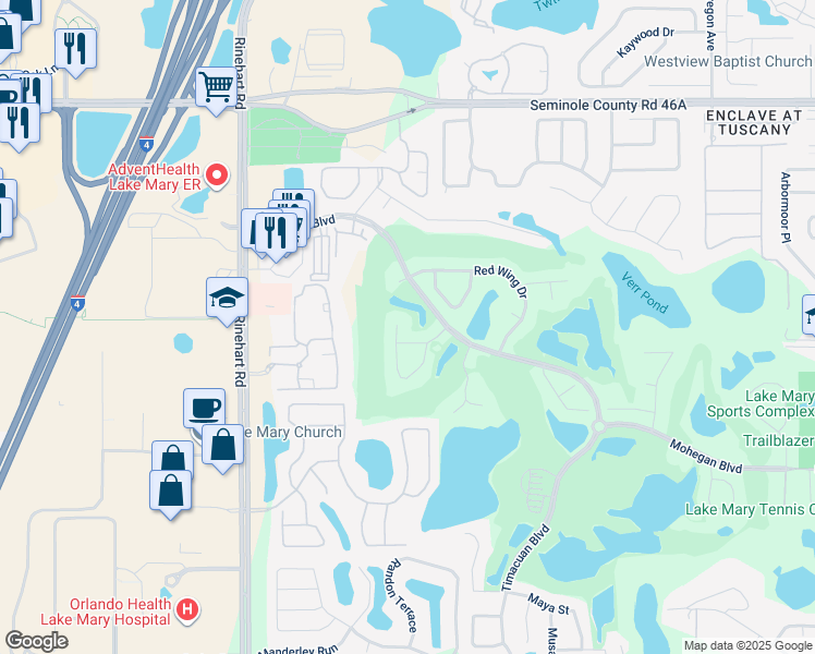 map of restaurants, bars, coffee shops, grocery stores, and more near 757 Powderhorn Circle in Lake Mary
