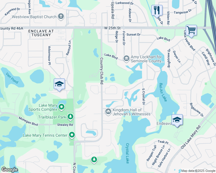 map of restaurants, bars, coffee shops, grocery stores, and more near 166 Golfside Circle in Sanford