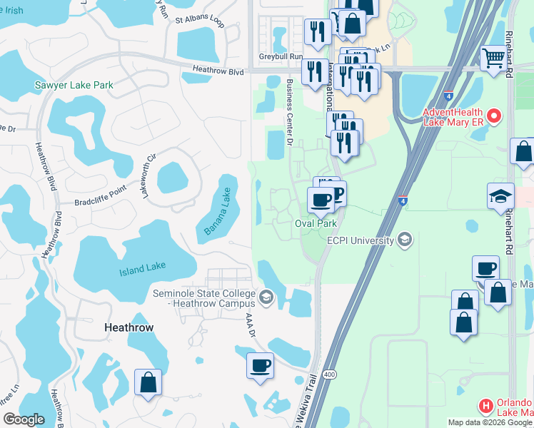 map of restaurants, bars, coffee shops, grocery stores, and more near 950 Daylight Circle in Lake Mary