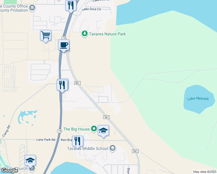 map of restaurants, bars, coffee shops, grocery stores, and more near 29645 Division Street in Tavares