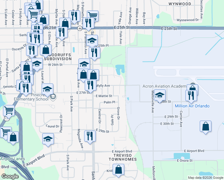 map of restaurants, bars, coffee shops, grocery stores, and more near 2663 Poinsetta Avenue in Sanford