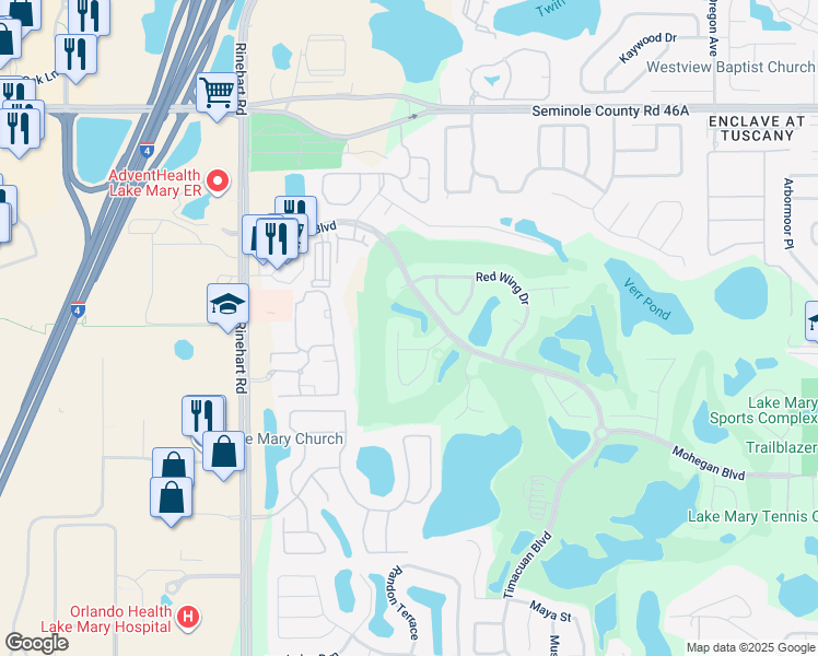 map of restaurants, bars, coffee shops, grocery stores, and more near 757 Powderhorn Circle in Lake Mary