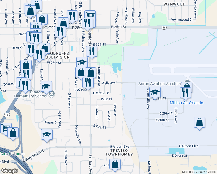 map of restaurants, bars, coffee shops, grocery stores, and more near 2663 Poinsetta Avenue in Sanford