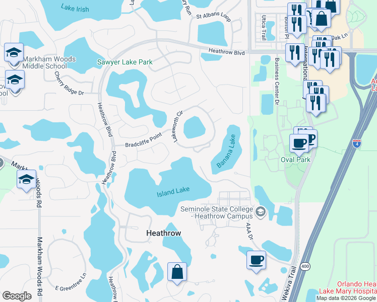 map of restaurants, bars, coffee shops, grocery stores, and more near 618 Lakeworth Circle in Lake Mary