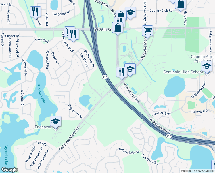 map of restaurants, bars, coffee shops, grocery stores, and more near 7001 Kirkland Way in Lake Mary