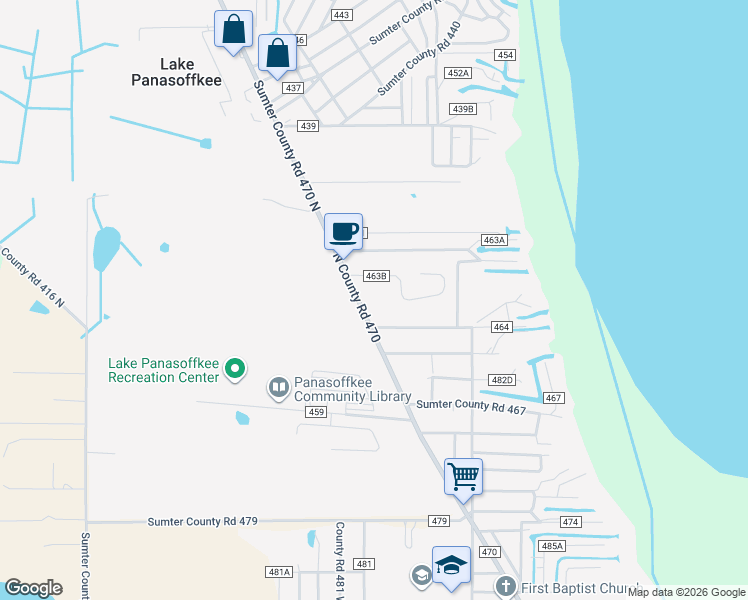 map of restaurants, bars, coffee shops, grocery stores, and more near 1565 North County Road 470 in Lake Panasoffkee