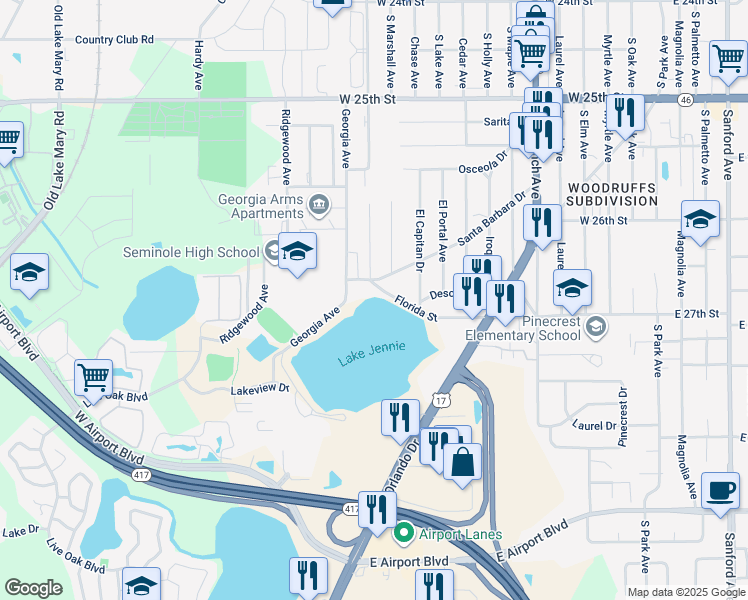 map of restaurants, bars, coffee shops, grocery stores, and more near 1184 Florida Street in Sanford