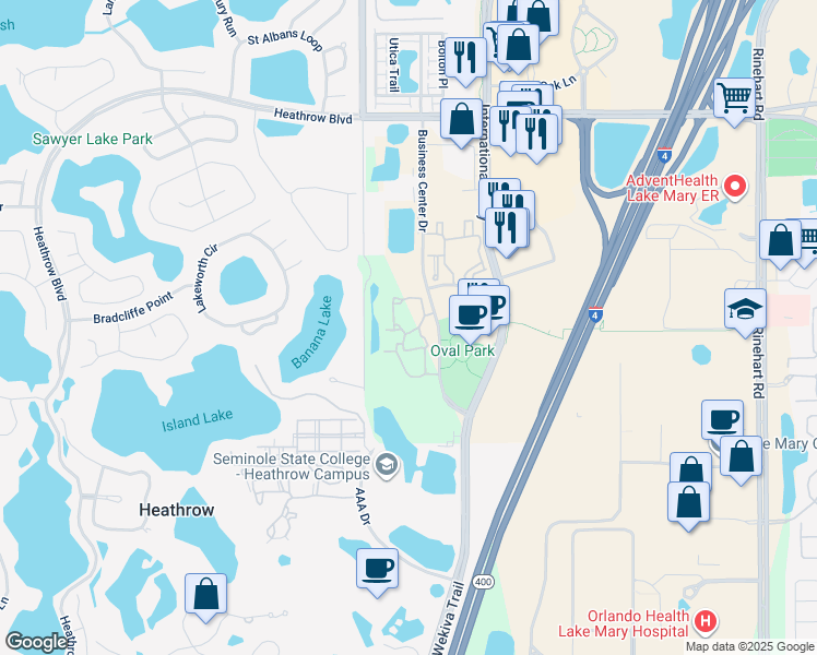 map of restaurants, bars, coffee shops, grocery stores, and more near 950 Daylight Circle in Lake Mary