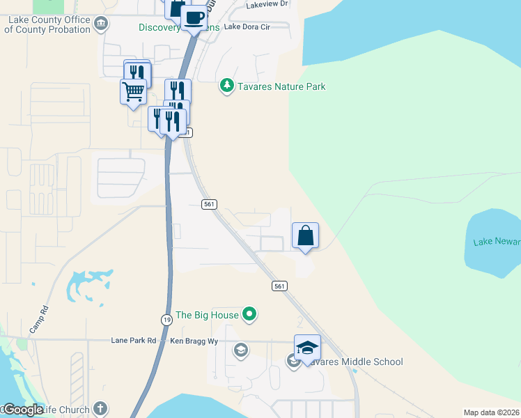 map of restaurants, bars, coffee shops, grocery stores, and more near 29645 Division Street in Tavares