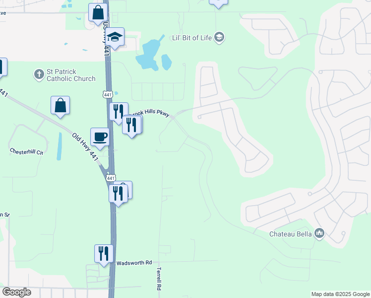 map of restaurants, bars, coffee shops, grocery stores, and more near 6415 Terrell Road in Orange County