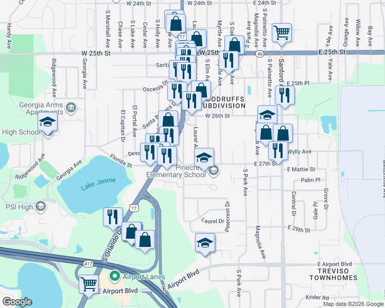 map of restaurants, bars, coffee shops, grocery stores, and more near 2637 Laurel Avenue in Sanford