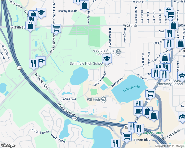 map of restaurants, bars, coffee shops, grocery stores, and more near 2762 Ridgewood Avenue in Sanford