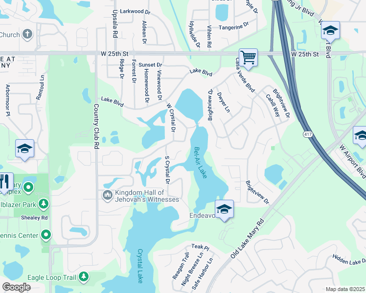 map of restaurants, bars, coffee shops, grocery stores, and more near 104 Caspian Cove in Sanford