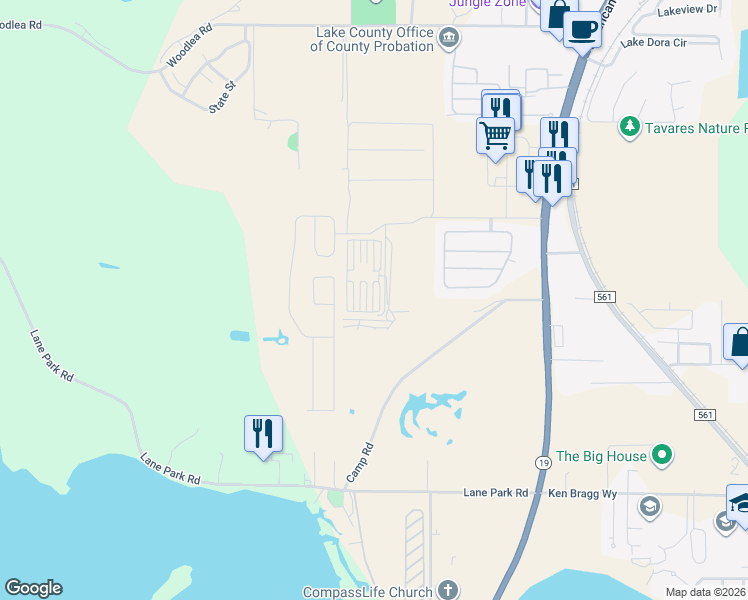 map of restaurants, bars, coffee shops, grocery stores, and more near 2510 Shantiniketan Boulevard in Tavares