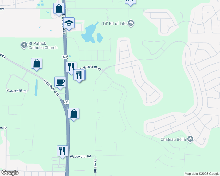 map of restaurants, bars, coffee shops, grocery stores, and more near 6415 Terrell Road in Orange County