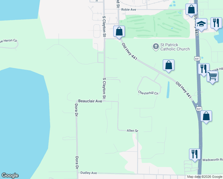 map of restaurants, bars, coffee shops, grocery stores, and more near 6227 Beauclair Avenue in Mount Dora