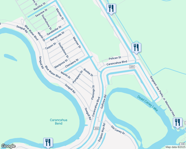 map of restaurants, bars, coffee shops, grocery stores, and more near 528 County Road 201 in Bay City