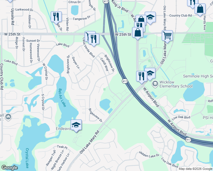 map of restaurants, bars, coffee shops, grocery stores, and more near 715 Alto Place in Lake Mary