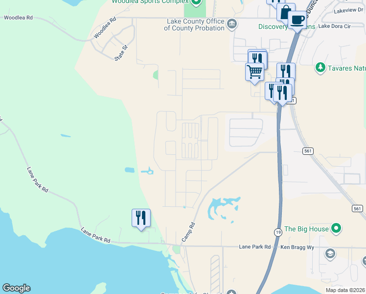 map of restaurants, bars, coffee shops, grocery stores, and more near 2510 Shantiniketan Boulevard in Tavares