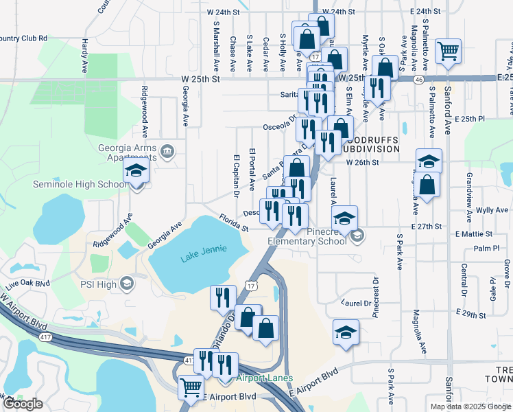 map of restaurants, bars, coffee shops, grocery stores, and more near 2623 El Portal Avenue in Sanford