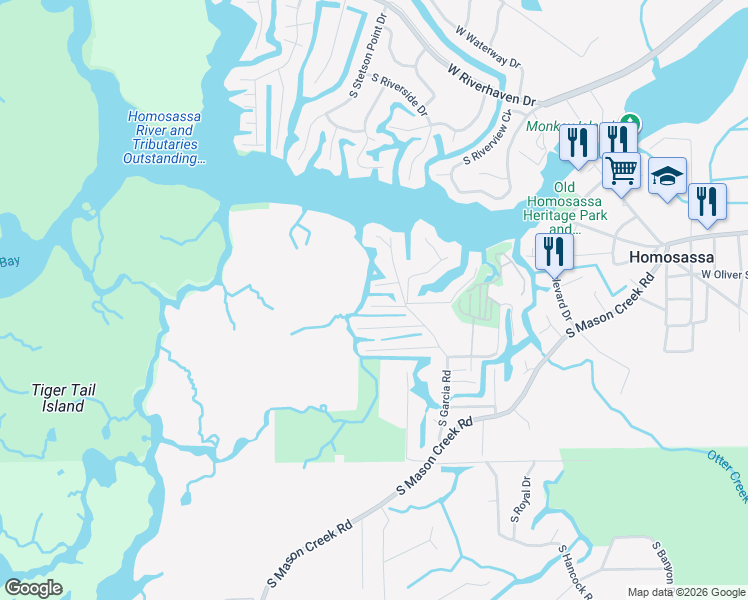 map of restaurants, bars, coffee shops, grocery stores, and more near 5562 South Garcia Road in Homosassa
