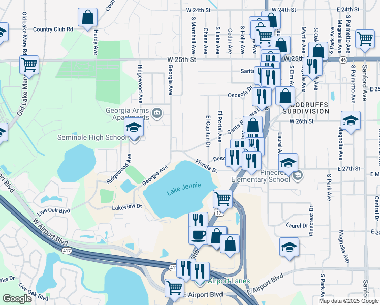 map of restaurants, bars, coffee shops, grocery stores, and more near 1184 Florida Street in Sanford