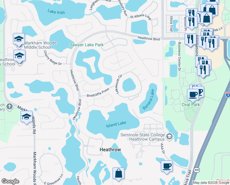 map of restaurants, bars, coffee shops, grocery stores, and more near 558 Lakeworth Circle in Lake Mary