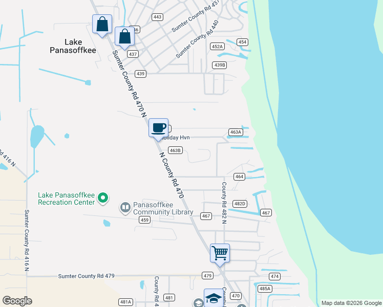 map of restaurants, bars, coffee shops, grocery stores, and more near 1188 County Road 463B in Lake Panasoffkee