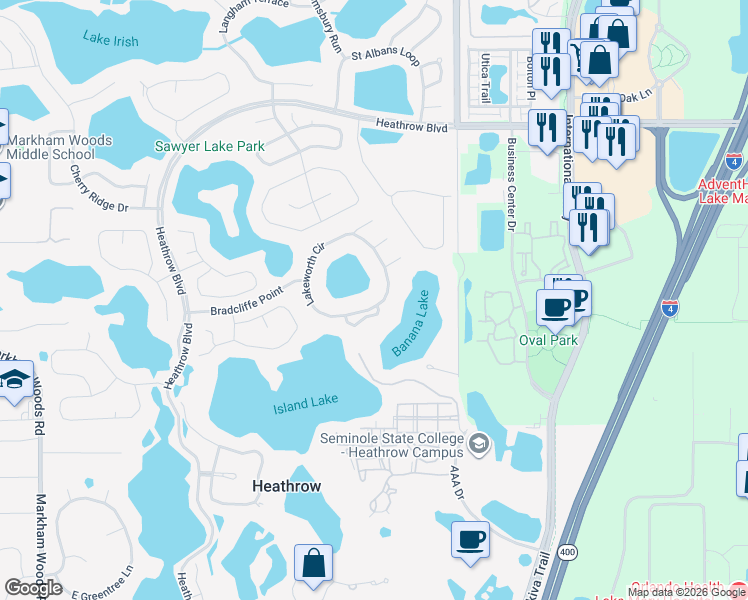 map of restaurants, bars, coffee shops, grocery stores, and more near 727 Lakeworth Circle in Lake Mary