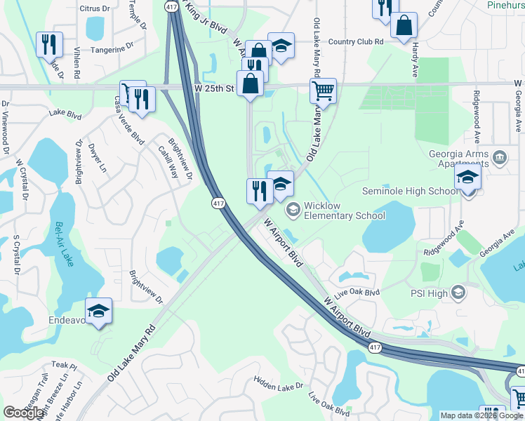 map of restaurants, bars, coffee shops, grocery stores, and more near 1300 West Airport Boulevard in Sanford