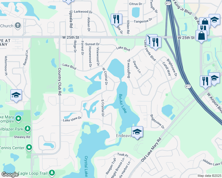 map of restaurants, bars, coffee shops, grocery stores, and more near 312 East Crystal Drive in Sanford