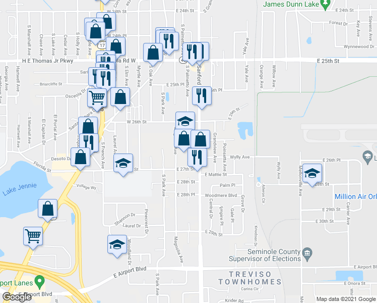 map of restaurants, bars, coffee shops, grocery stores, and more near 2663 South Palmetto Avenue in Sanford