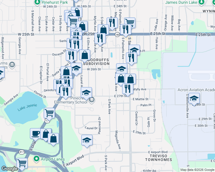 map of restaurants, bars, coffee shops, grocery stores, and more near 2639 South Oak Avenue in Sanford